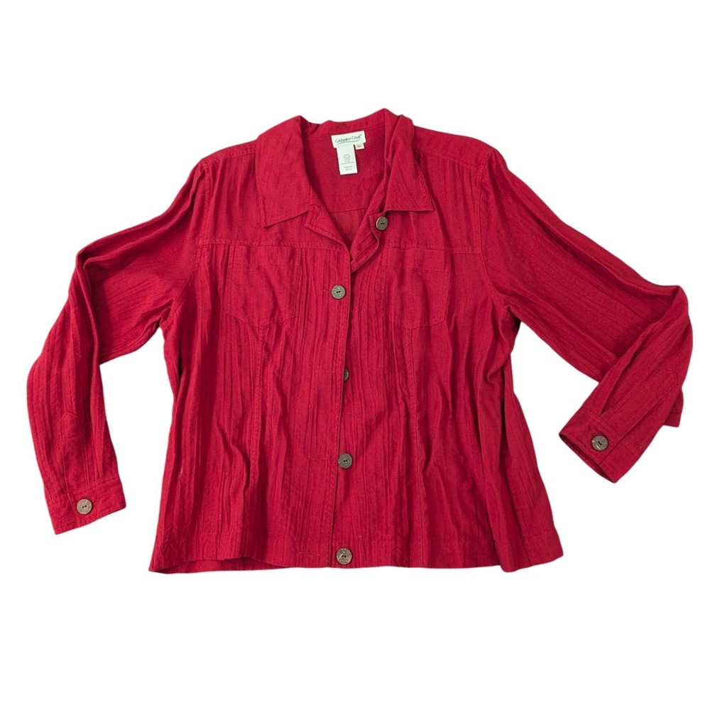 Coldwater Creek Red Button Down Shirt Jacket‎ XL Linen Blend Crinkle Texture